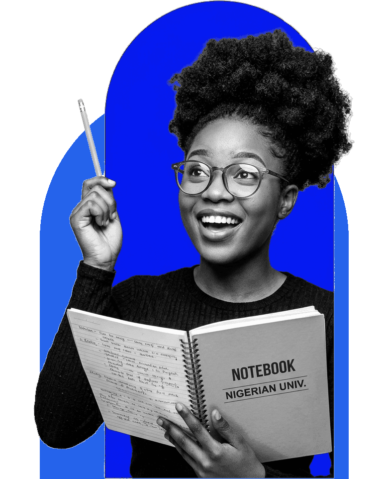 Nigerian female university student with afro puff and glasses holding raised pencil and Nigerian Univ. notebook popping out of wide royal blue arch