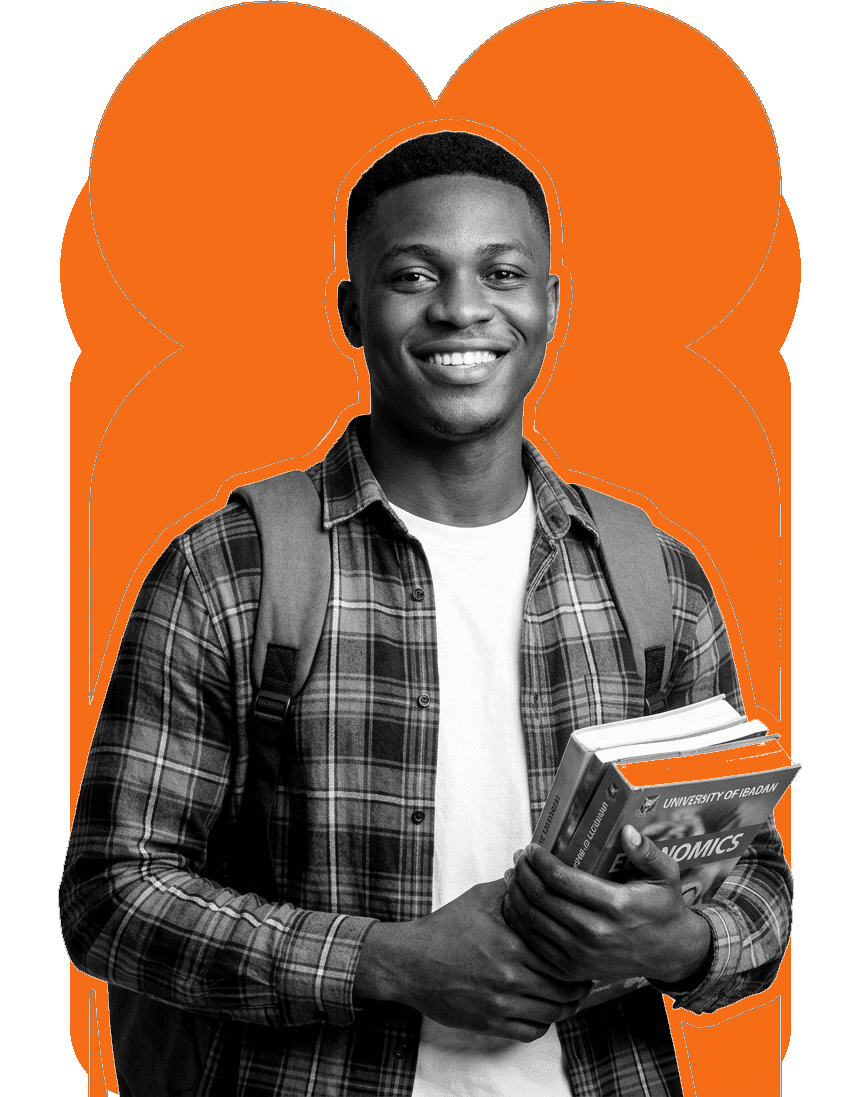 Nigerian male university student with backpack and University of Ibadan economics textbooks popping out of wide scalloped tangerine clover