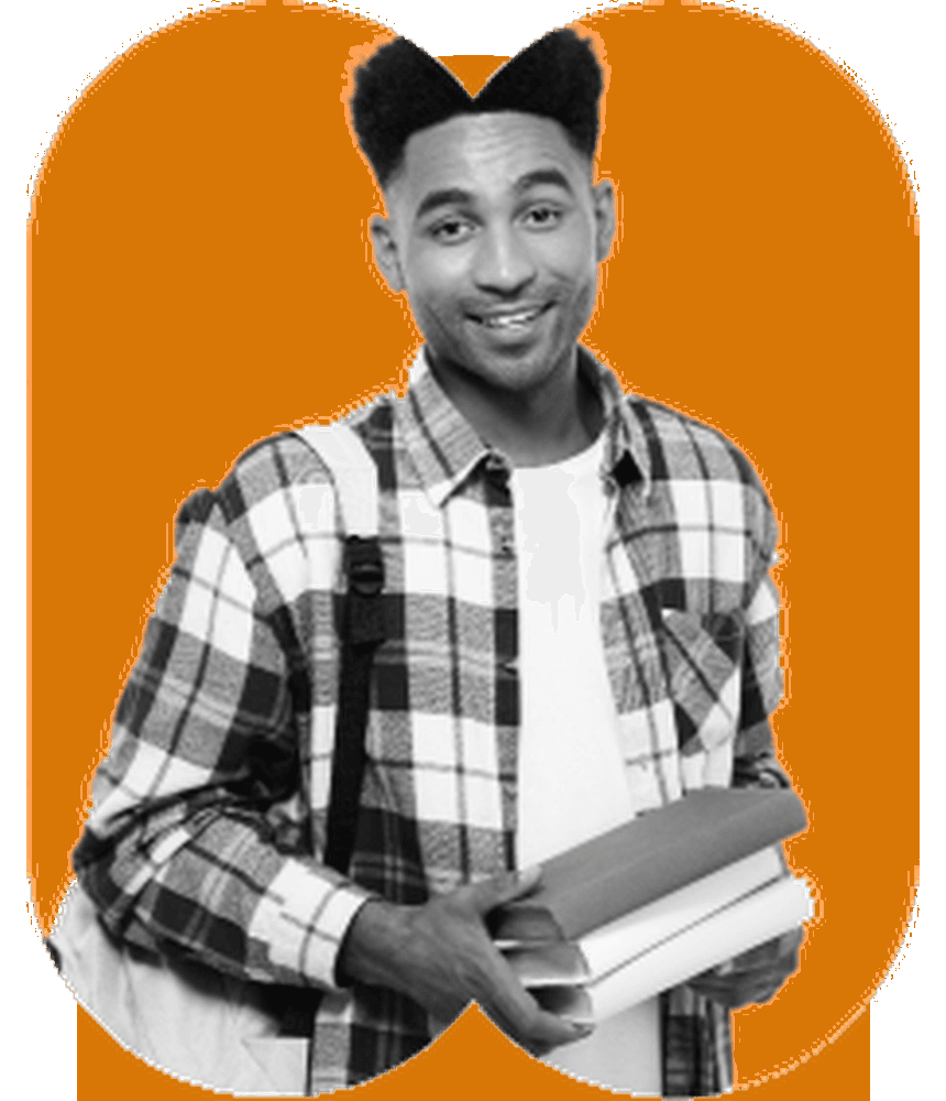 Young Black male student with high-top hair, plaid shirt, backpack and books popping out of wide amber gold imperial dome arch